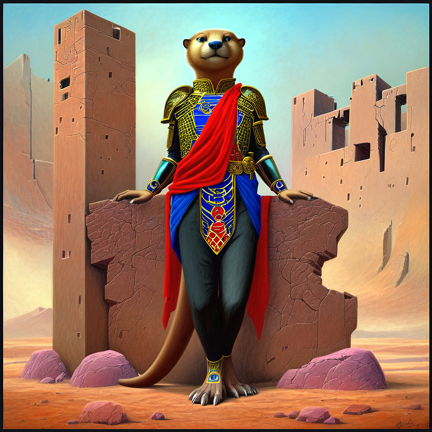 This digital artwork features an anthropomorphic otter with light brown fur and piercing blue eyes dressed as a medieval knight in ornate golden armor adorned with red sashes and intricate designs. The character stands confidently against large stone ruins set against a backdrop of a desert landscape under a clear sky. He has muscular limbs and wears green gauntlets his left hand resting casually on one of the pillars while his right arm hangs down relaxedly. His expression appears composed and self-assured. This piece employs vibrant colors and detailed textures typical of high-quality fantasy art.