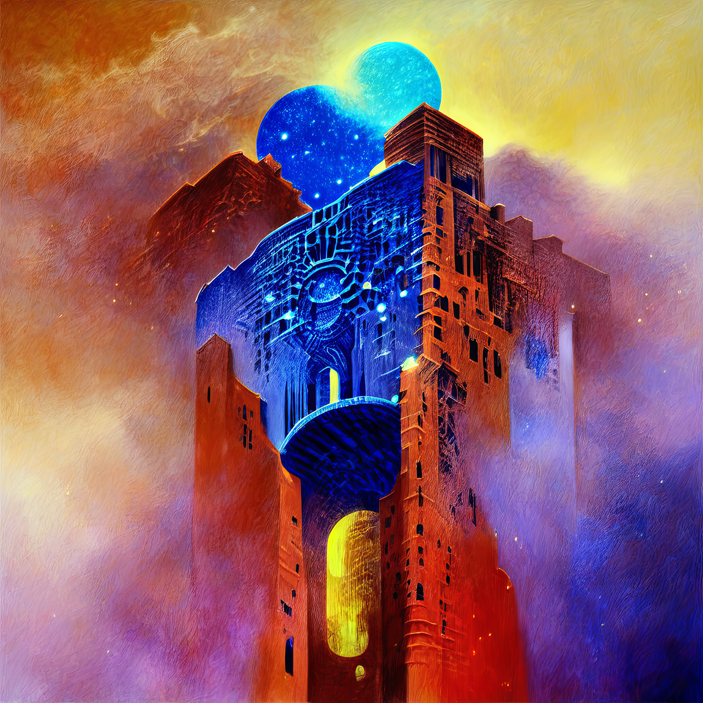This digital artwork features an abstract castle-like structure with intricate blue patterns against vibrant orange and red hues. The central tower has archways and windows with glowing orbs floating above it. A doorway leads into a bright yellow interior space at its base. Stars and celestial motifs adorn the scene suggesting otherworldly or fantastical themes. The overall style blends fantasy art with surrealism creating a dreamlike atmosphere. There's no visible subject within the frame emphasizing architectural details.