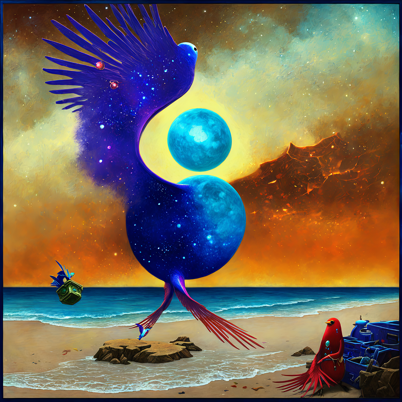 This digital artwork features an otherworldly scene with two central figures against a cosmic backdrop. A majestic phoenix-like creature with vibrant purple feathers dominates the center its beak open wide as it hovers above rocky terrain near a serene beach where gentle waves lap at the shore. The sky behind them transitions through hues of orange and yellow into deep blues and purples filled with starry galaxies and celestial bodies including planets. To the left another smaller green-feathered creature appears suspended mid-air. On the right side a humanoid figure dressed in flowing robes stands facing away their head adorned with a crown. The overall composition blends fantasy and science fiction elements seamlessly.