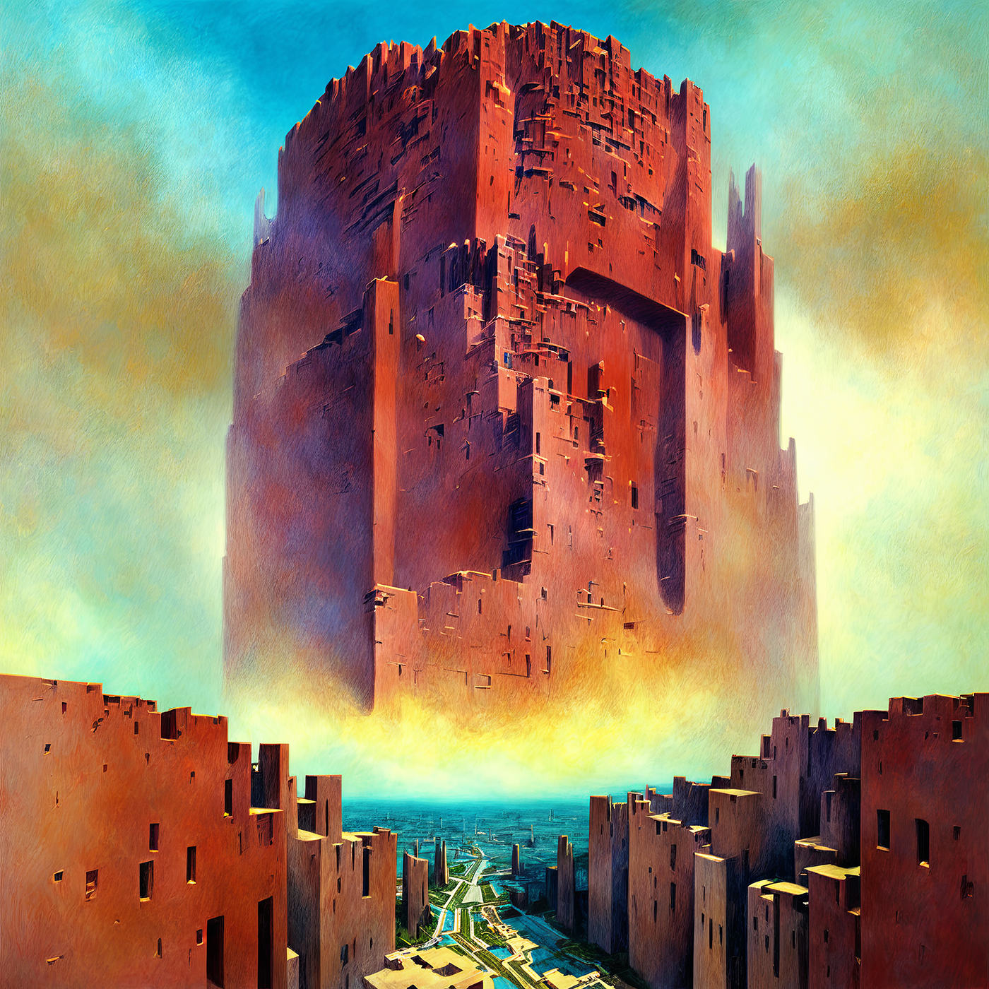 A digital painting depicting an imposing red fortress with weathered textures floating above a cityscape at dawn or dusk. The fortress has jagged edges and multiple windows contrasting against a hazy blue-green sky filled with wispy clouds. Below it lies a sprawling network of medieval-style buildings narrow streets and bridges over winding rivers bathed in golden sunlight that filters through mist rising from the waters. The overall scene exudes fantasy blending architectural styles reminiscent of Middle-earth's Minas Tirith with modern CGI techniques.