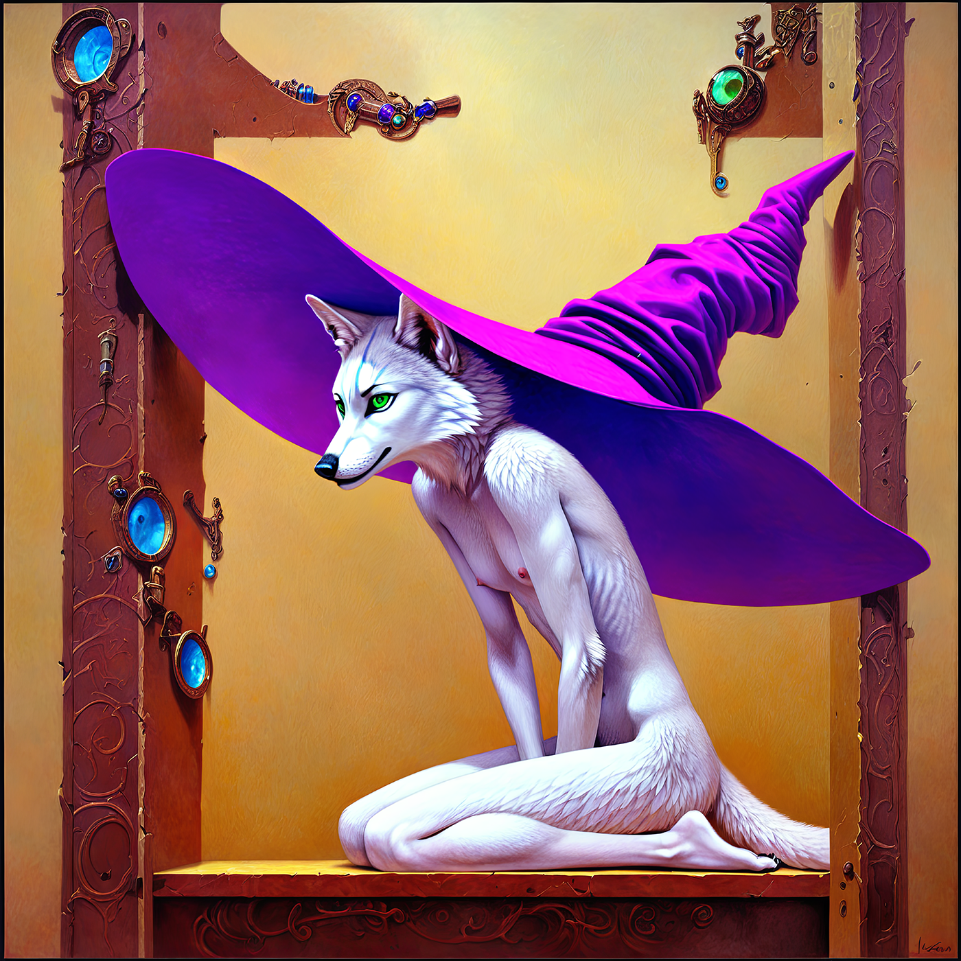 This digital painting depicts an anthropomorphic white-furred she-wolf with piercing green eyes kneeling inside ornate wooden frames adorned with blue gemstones. She wears a large purple witch hat that casts shadows over her face emphasizing her sharp ears and sly grin. The warm yellowish-brown backdrop contrasts sharply with the vivid colors of the character's attire and surroundings. The detailed textures highlight the softness of her fur against the hard wood and smooth fabric of the hat. No watermarks or artist signatures visible within the frame.