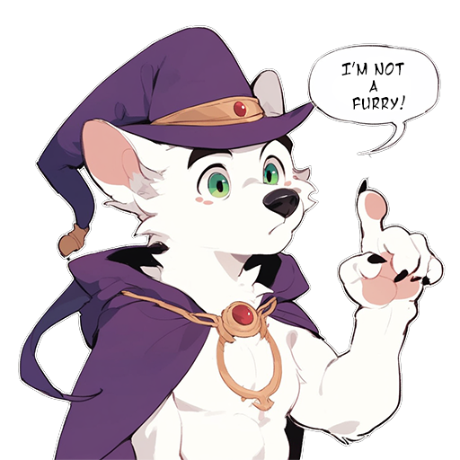 The image depicts an anthropomorphic white wolf with green eyes, donning a purple wizard hat and cape with gold trims and a red gem. The character is pointing up with a defensive expression, accompanied by a speech bubble that reads, “I’M NOT A FURRY!” This visual is set against a transparent background, highlighting the colorful character. The humor in this image arises from the irony of the character’s statement. The term “furry” refers to individuals who have an interest in anthropomorphic animal characters, often dressing up as one or appreciating art related to them. Despite the character’s adamant denial, it ironically embodies the very essence of what it claims not to be—a furry, complete with human-like expression and attire typically associated with the furry fandom. This contradiction between the character’s statement and its appearance creates a humorous juxtaposition.